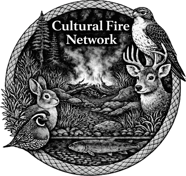 The Cultural Fire Network emblem: a night burn beside a creek, ringed by a woven basket border, with a falcon, a buck, a rabbit, a quail, and a salmon gathered around it.